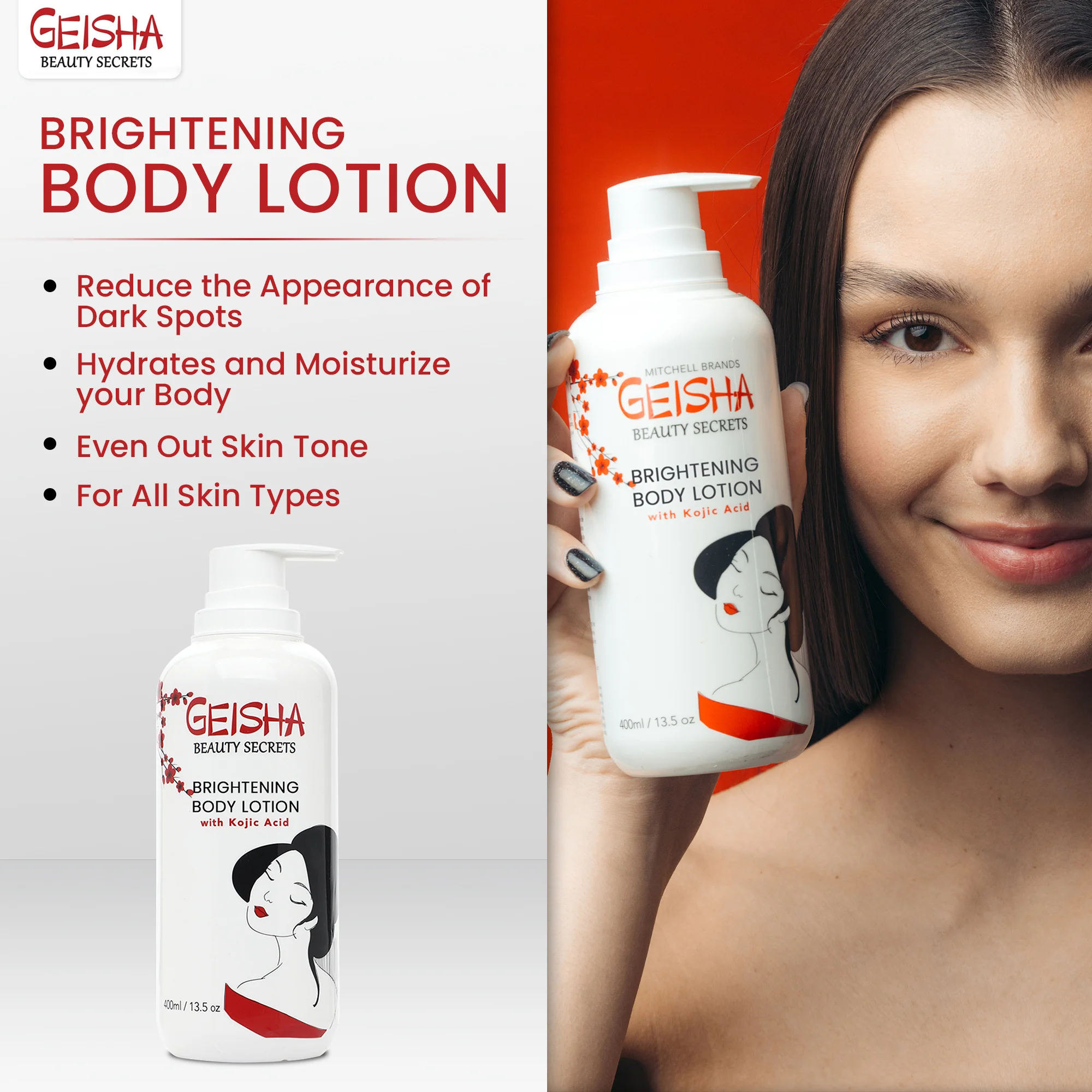 Geisha Beauty Secrets Brightening Body Lotion with Kojic Acid - 400ml / 13 fl oz - Image 3
